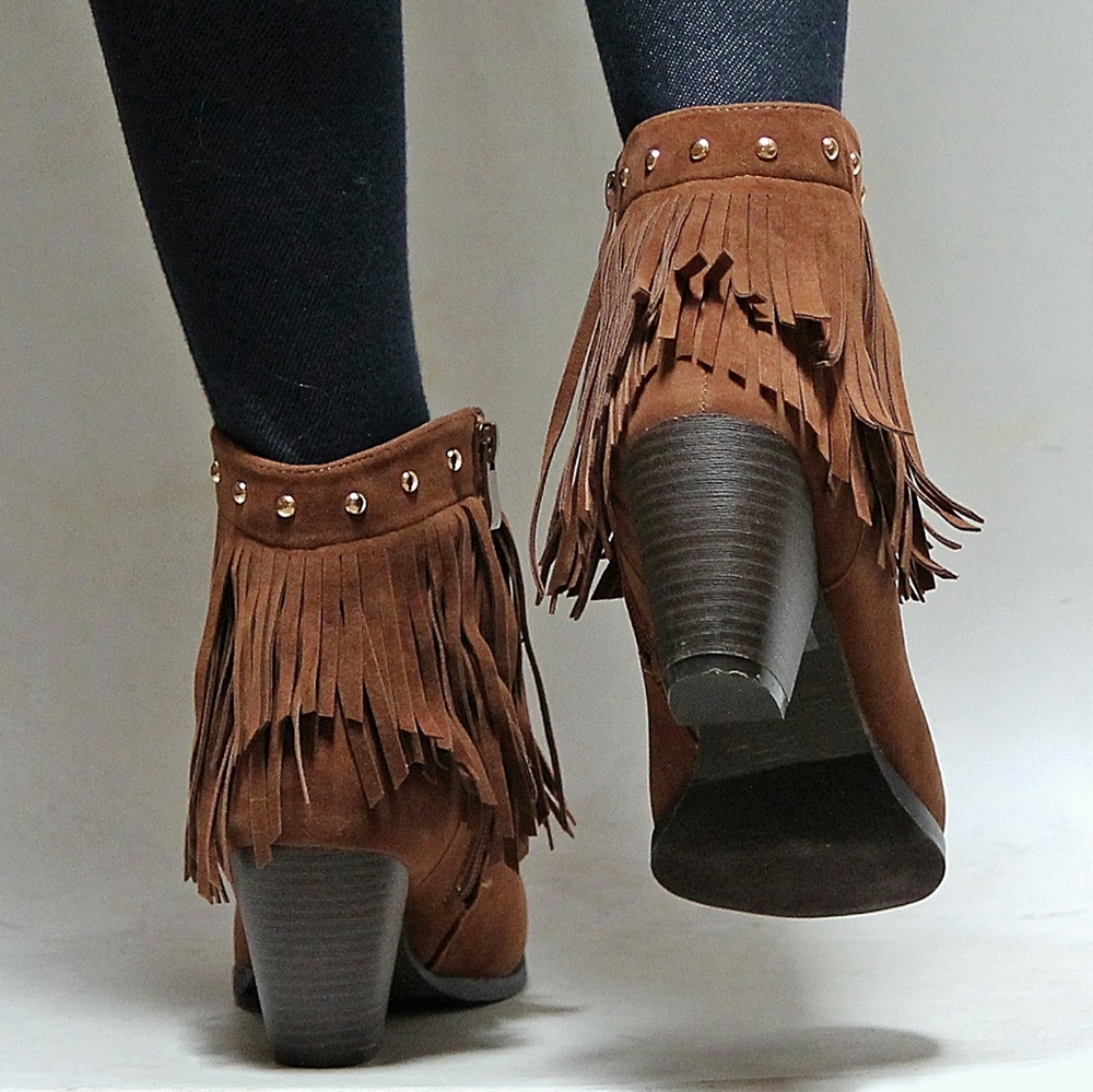 New Brown Fringe Chunky Heel Cowboy Ankle Boots - Picture 3 of 3